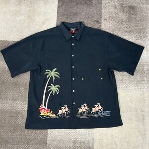 Bamboo Cay Mens XXL Black Aloha Button Up Shirt Santa Christmas Embroidered